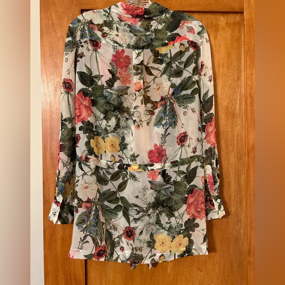 Haute Hippie Sheer Silk Floral Tunic, Rollup Sleeves Open Front Drawstring Waist - Picture 3 of 16